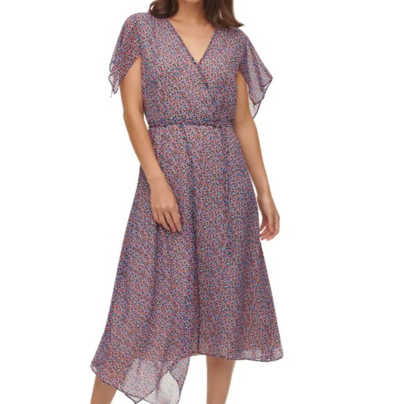 DKNY Short Sleeve Chiffon Midi Dress Size 10 - NWT - Picture 2 of 6